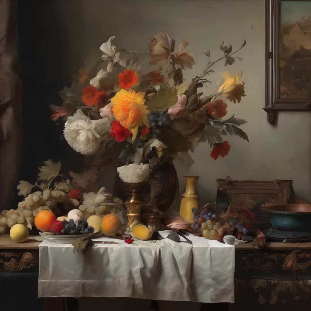 Αντιγραφική φυσική σύνθεση με λουλούδια και φρούτα σε σύγχρονη τέχνη ות καλλιτέχνες.